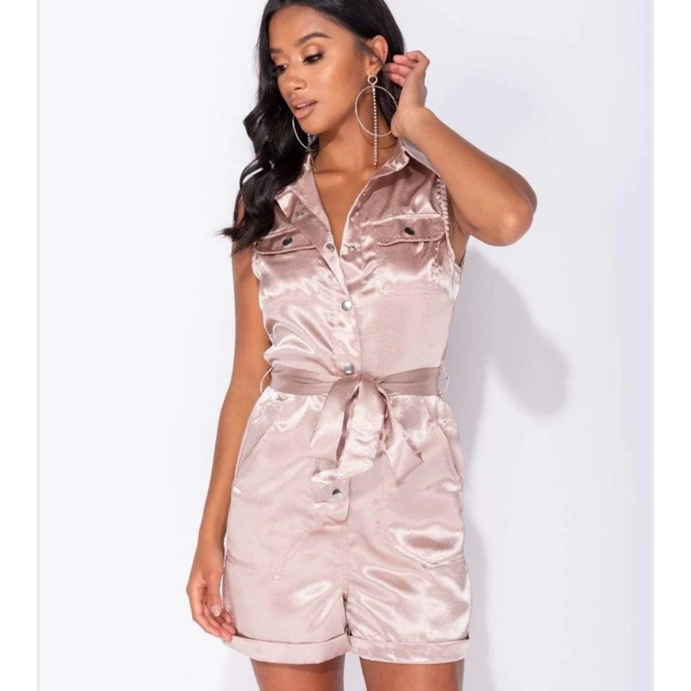 LIGHT PINK SATIN PATCH POCKET BUTTON FRONT SELF BELT PLAYSUIT - Picture 3 of 8